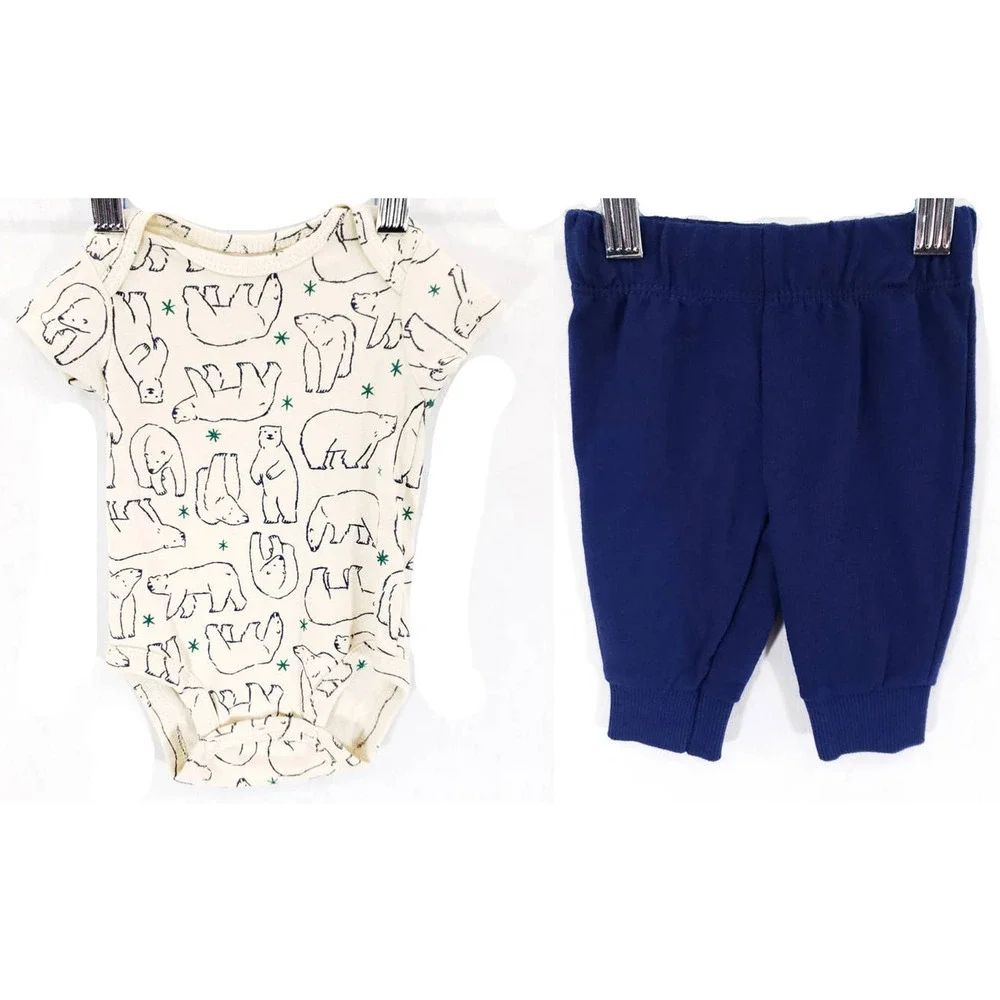 Carters Shirt Pants Two Piece Set Baby Newborn Cream Blue Polar Bear Comfort